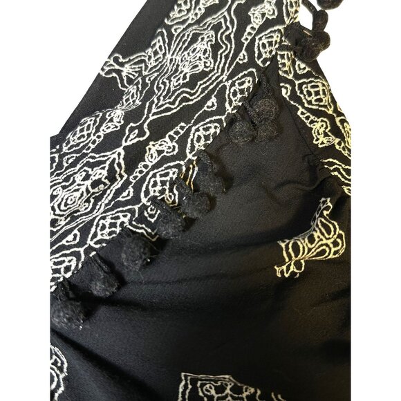 Loft Black, White Printed Sleeveless Pom Pom Trim Swing Tank Top V Neck Boho XSP - Picture 4 of 12